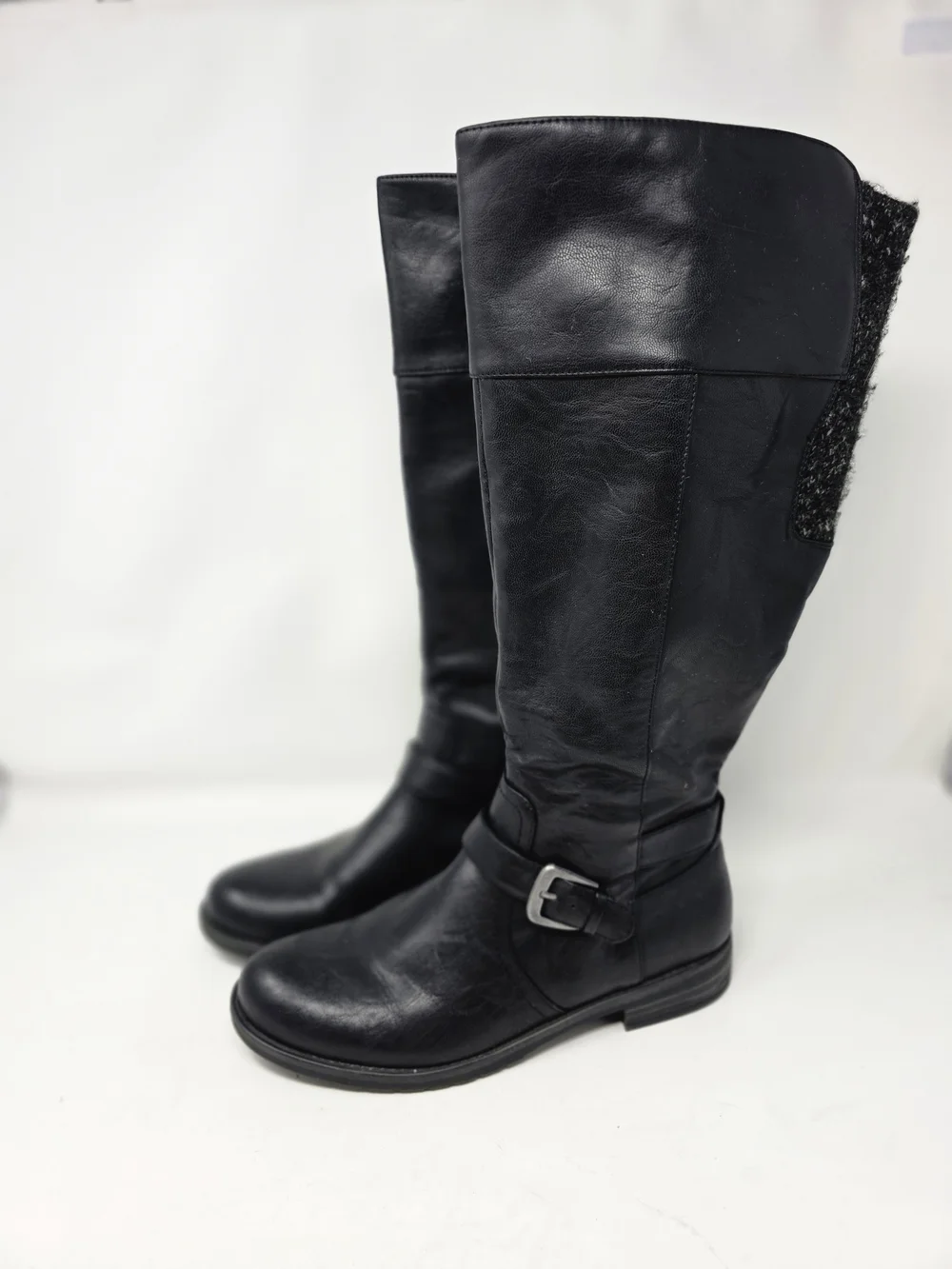 Baretraps Cessa 2 Black Tall Riding Boots Womens 10 Wide Calf Knit Panel Buckle